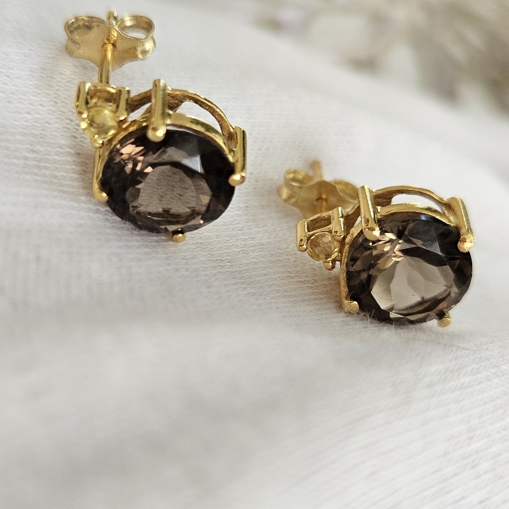 Smoky Quartz With Citrine Accent Gold Over 925 Silver Set - Picture 5 of 16